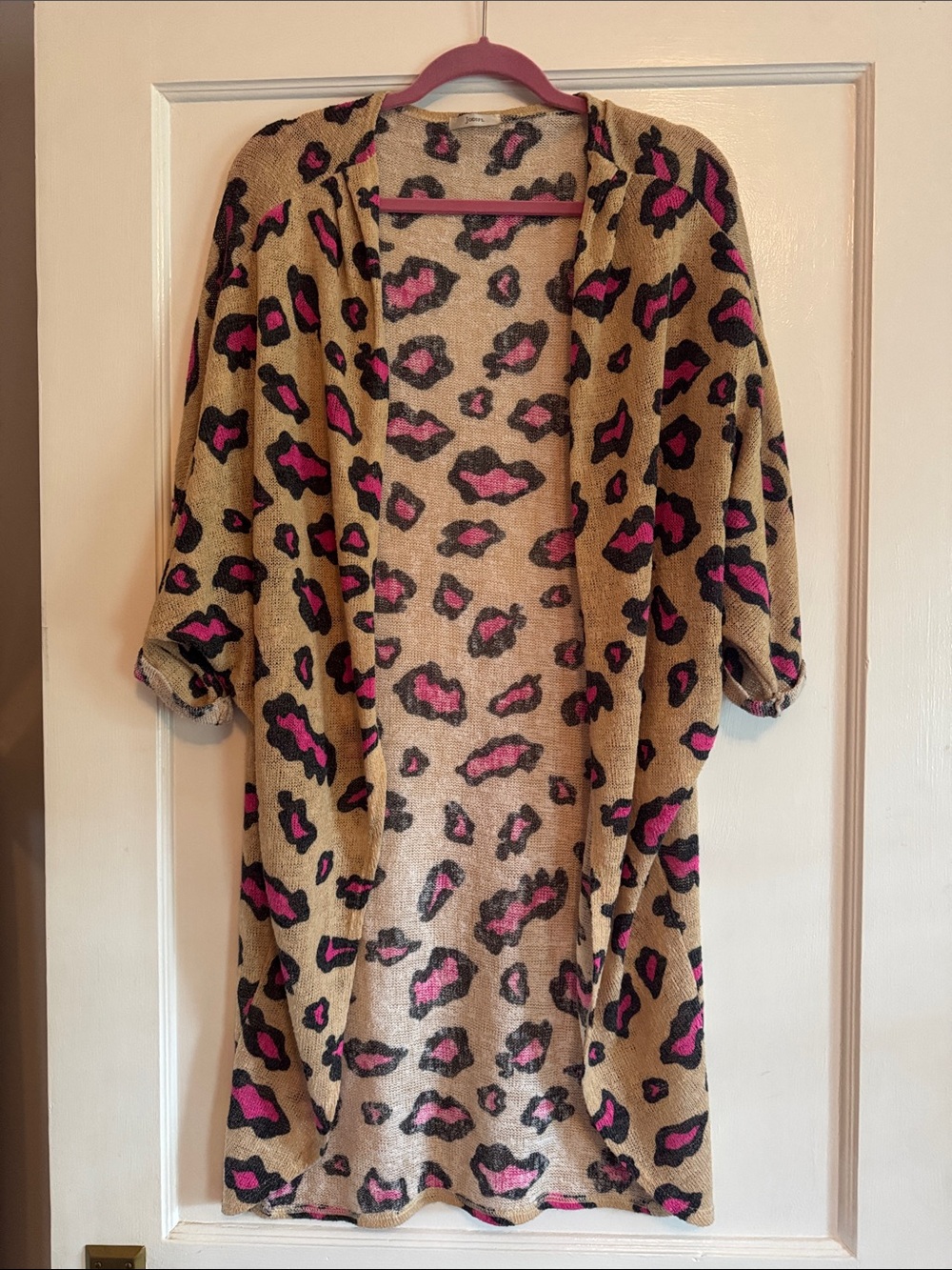 JODIFL Tan Leopard Print Open Cardigan with Pink and Black Spots